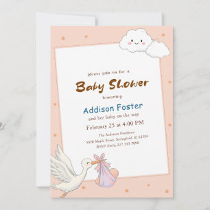Sweet Pink Stork Girl Cloud Baby Shower Invitation