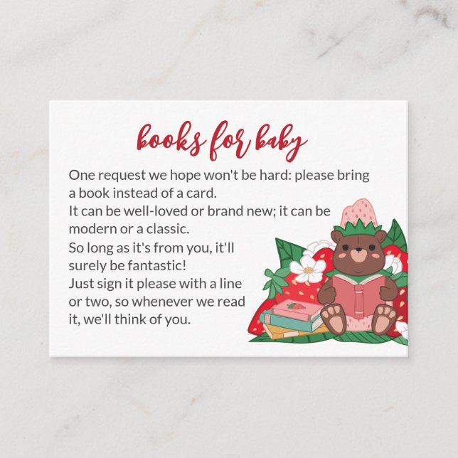 Sweet Pink Strawberry Bear Bring Books Baby Shower Enclosure Card (Front)