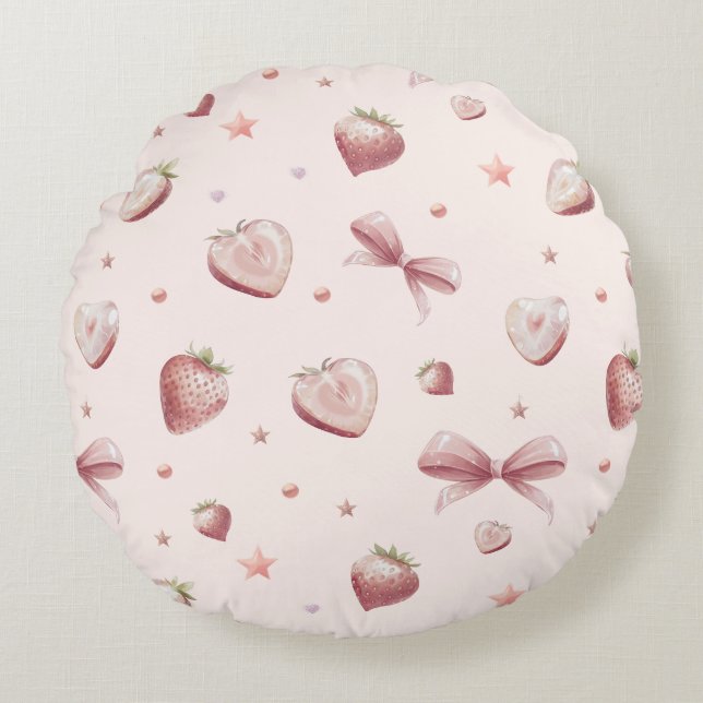Sweet Pink Strawberry Love Heart And Stars Round Cushion (Front)