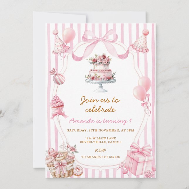Sweet Pink Stripe Bow Girl Birthday Invitation (Front)