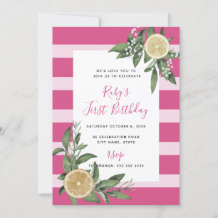 Sweet Pink Stripe Lemon Citrus First Birthday Invitation