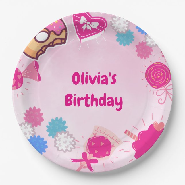 Sweet Pink Swan & Candy Birthday Paper Plate (Front)
