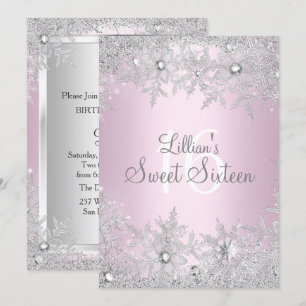 Sweet Pink Sweet 16 Snowflake Winter Wonderland Invitation