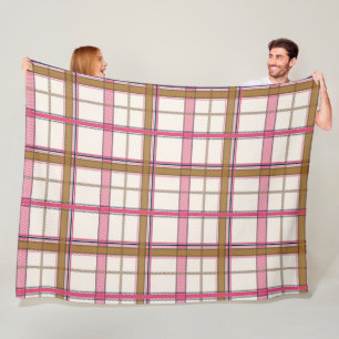 Sweet Pink Tan Plaid Aesthetic Fleece Blanket