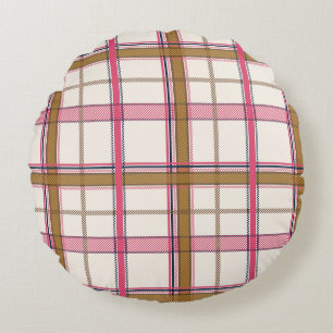 Sweet Pink Tan Plaid Aesthetic Round Cushion