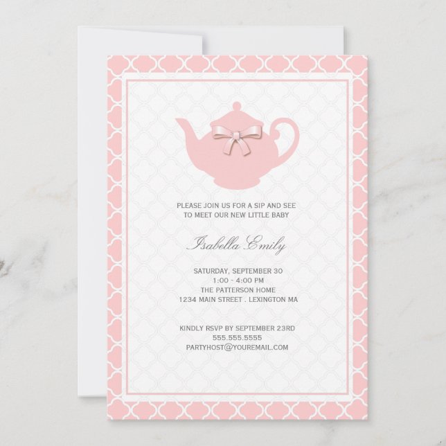 Sweet Pink Teapot Baby Sip and See Tea Party Invitation (Front)