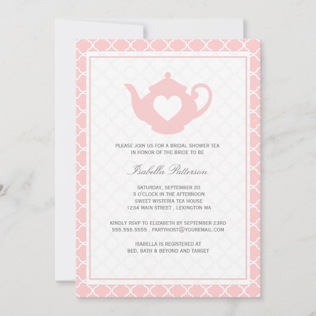 Sweet Pink Teapot Bridal Shower Tea Party Invitation (Front)