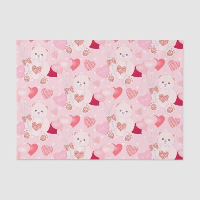 Sweet Pink Teddy Bear Heart Balloon Valentines Day Tissue Paper (Front)