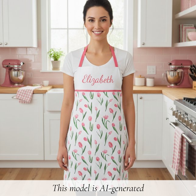 Sweet Pink Tulip Floral  Apron (sweet girly cute coquette pink tulip floral apron with custom name in script calligraphy)