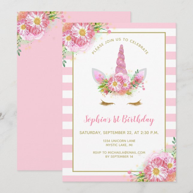 Sweet Pink Unicorn Face Girl's Birthday Party Invitation (Front/Back)