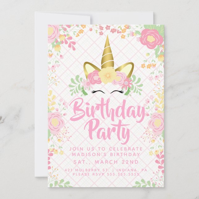 Sweet Pink Unicorn Floral Birthday Invitation (Front)