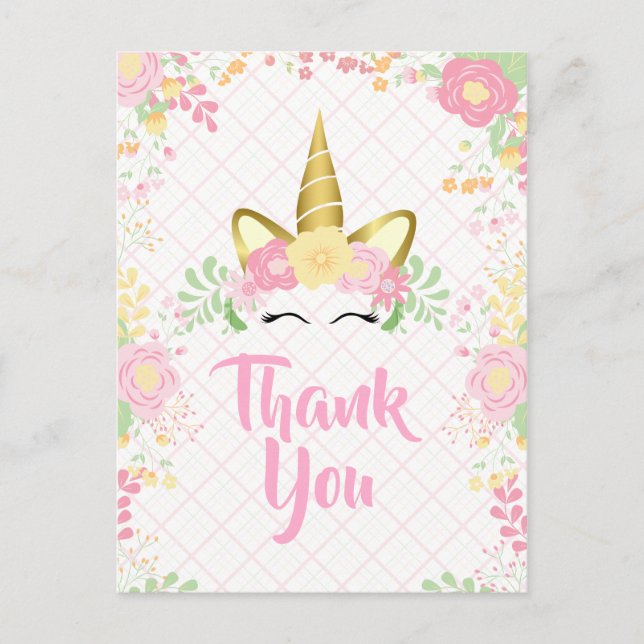 Sweet Pink Unicorn Floral Birthday | Thank You Invitation Postcard (Front)