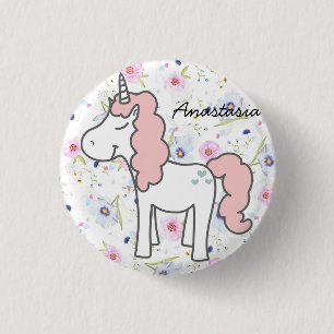 Sweet Pink Unicorn, Flowers and your name 3 Cm Round Badge