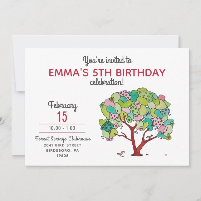 Sweet Pink Valentine Hearts Tree Girl's Birthday I Invitation (Front)