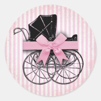 Sweet Pink Vintage Baby Carriage Pram and Bow Classic Round Sticker