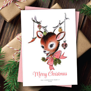 Sweet Pink Vintage Reindeer Non-Photo Holiday Card