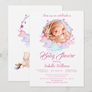 Sweet Pink Watercolor Girl Photo Baby Shower Invitation