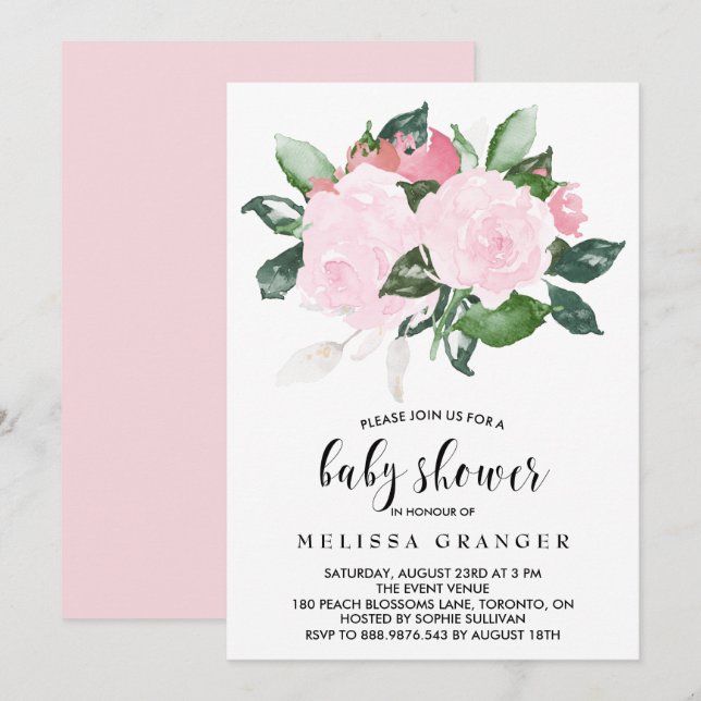 Sweet Pink Watercolor Roses Baby Shower Invitation (Front/Back)
