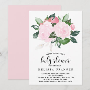 Sweet Pink Watercolor Roses Baby Shower Invitation