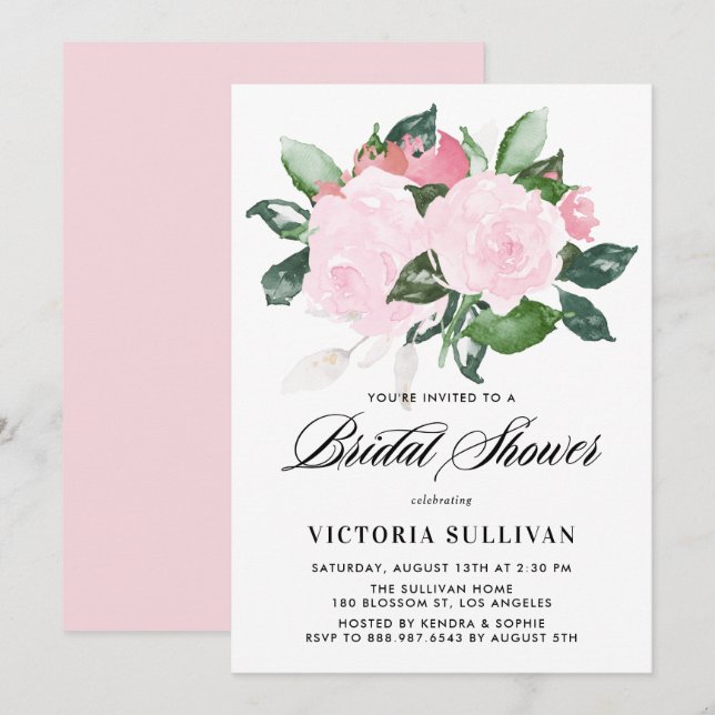 Sweet Pink Watercolor Roses Bridal Shower Invitation (Front/Back)