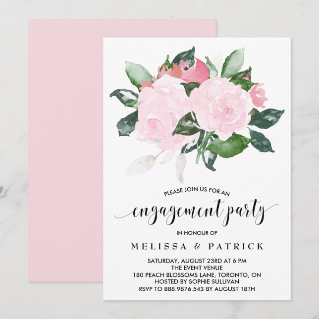 Sweet Pink Watercolor Roses Engagement Party Invitation (Front/Back)