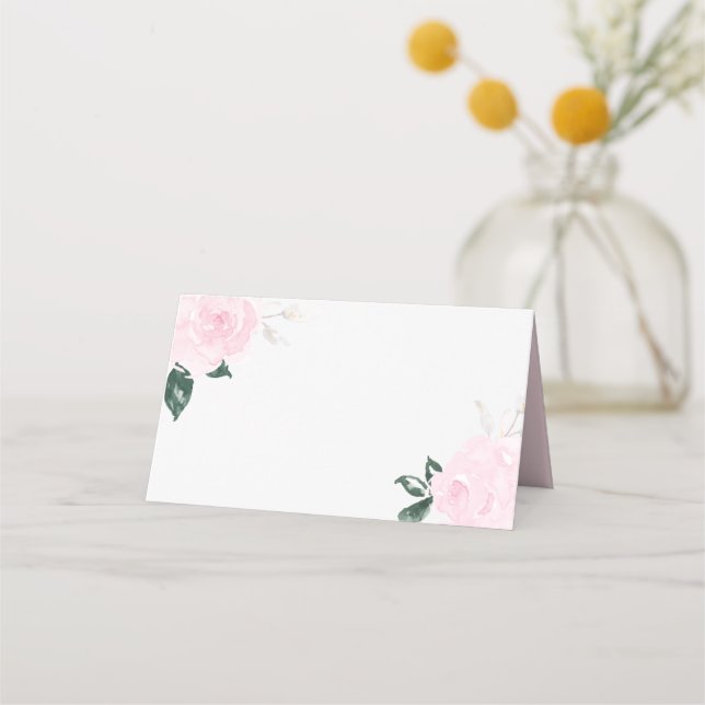 Sweet Pink Watercolor Roses Floral Place Cards (Front)