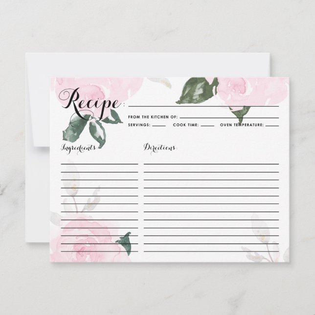 Sweet Pink Watercolor Roses Recipe Card (Front)