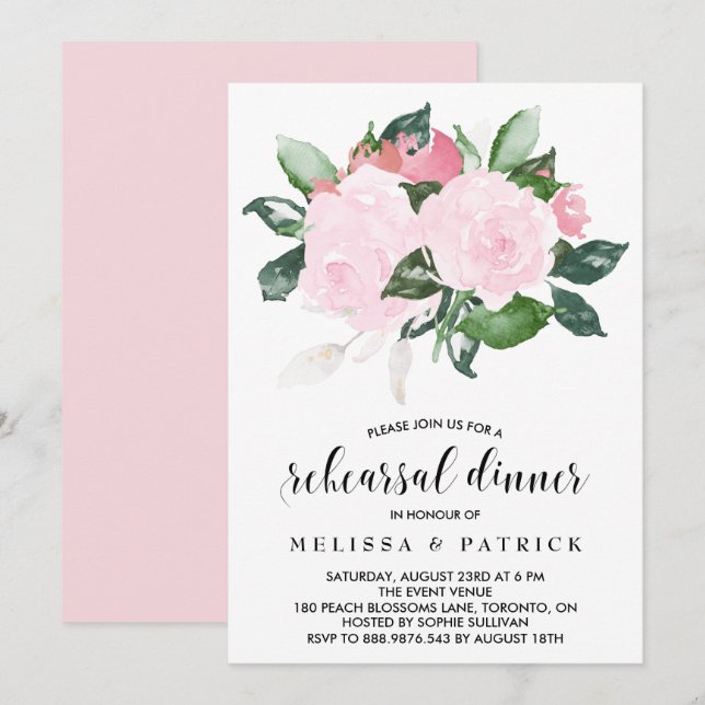 Sweet Pink Watercolor Roses Rehearsal Dinner Invitation (Front/Back)