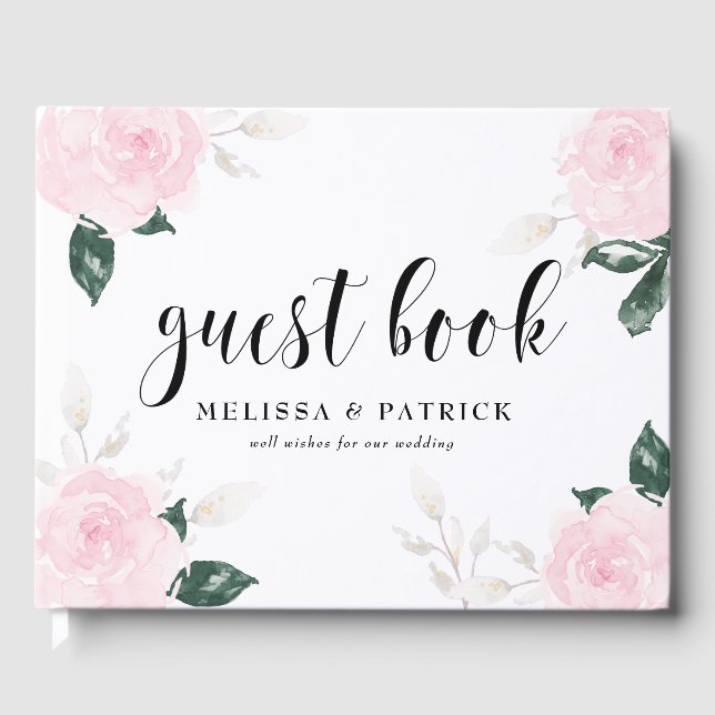 Sweet Pink Watercolor Roses Wedding Guest Book (Front)