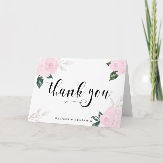Sweet Pink Watercolor Roses Wedding Thank You (Front)