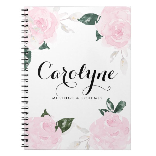 Sweet Pink Watercolour Roses Script Personalised Notebook (Front)