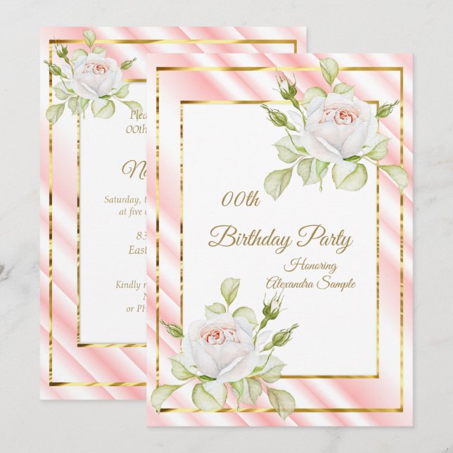 Sweet Pink White Flowers Gold Birthday Party Invitation (Front/Back)