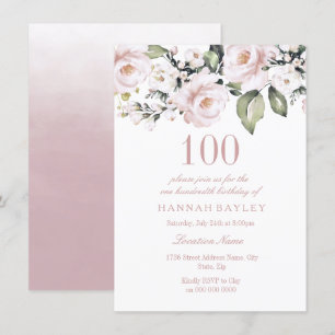 Sweet Pink White Roses Modern 100th Birthday Invitation