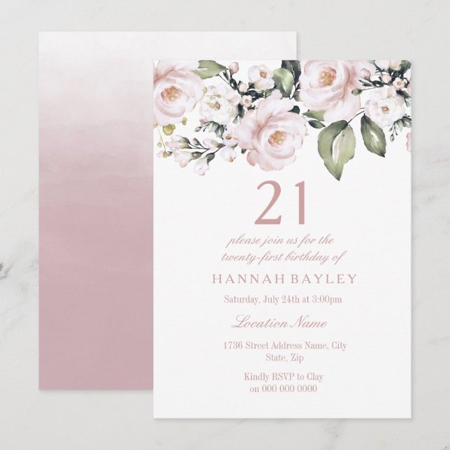 Sweet Pink White Roses Modern 21st Birthday Invitation (Front/Back)
