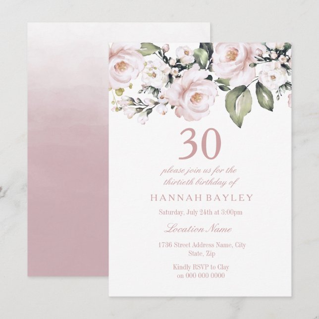 Sweet Pink White Roses Modern 30th Birthday Invitation (Front/Back)
