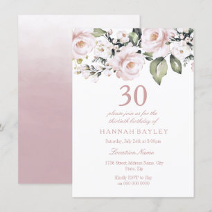 Sweet Pink White Roses Modern 30th Birthday Invitation