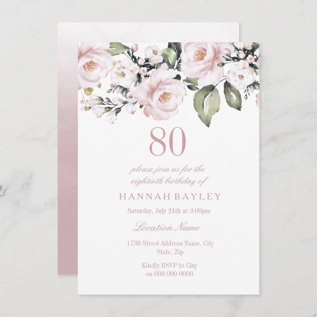 Sweet Pink White Roses Modern 80th Birthday Invitation (Front/Back)