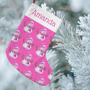 Sweet Pink White Snowman Personalized Christmas Small Christmas Stocking