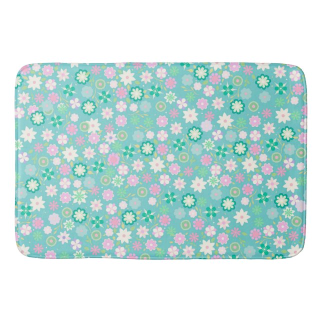 Sweet Pink White Teal Ditsy Floral Pattern Bath Mat (Front)