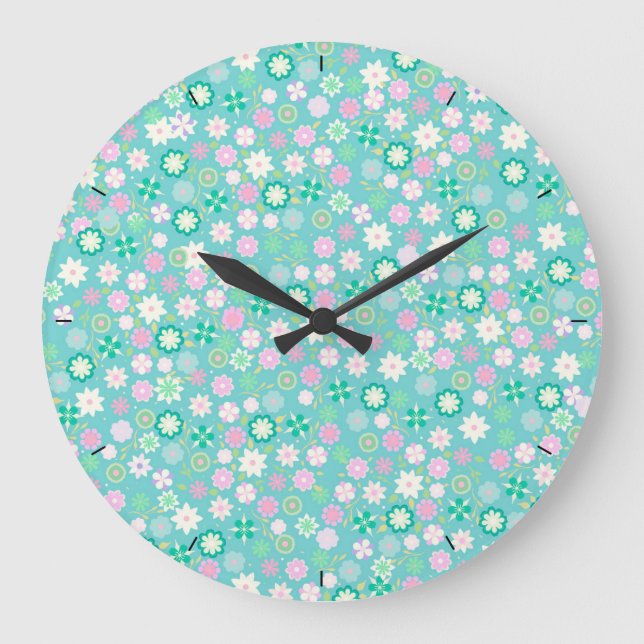 Sweet Pink White Teal Ditsy Floral Pattern Large Clock (Front)