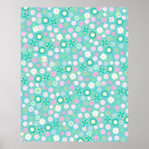 Sweet Pink White Teal Ditsy Floral Pattern Poster