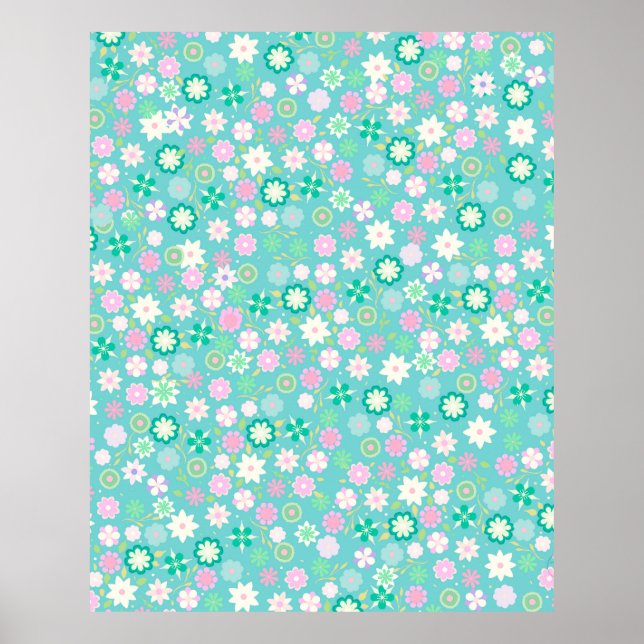 Sweet Pink White Teal Ditsy Floral Pattern Poster (Front)
