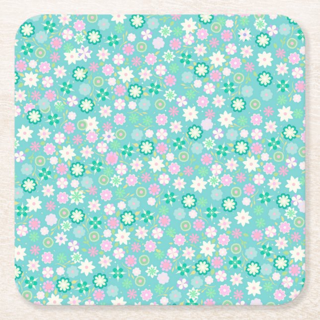 Sweet Pink White Teal Ditsy Floral Pattern Square Paper Coaster (Front)