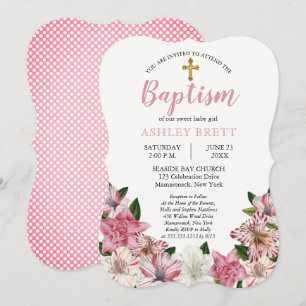 Sweet Pink   White Vintage Floral Baptism Invitation
