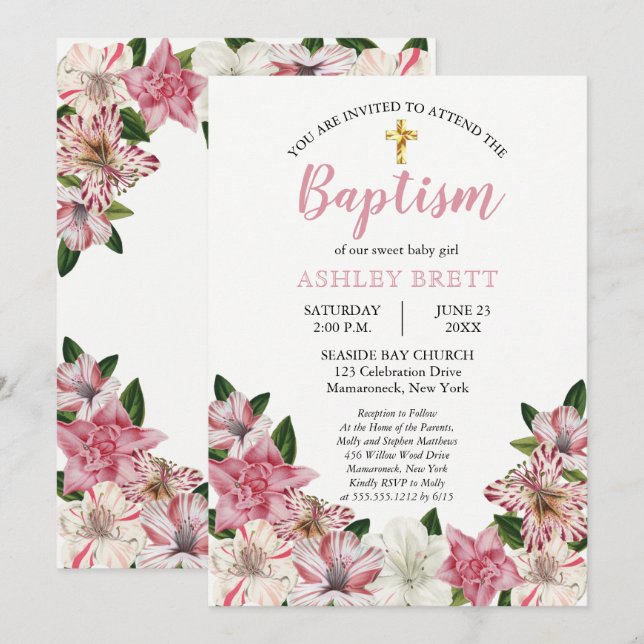 Sweet Pink | White Vintage Floral Baptism Invitation (Front/Back)