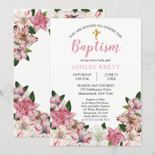 Sweet Pink White Vintage Floral Baptism Invitation