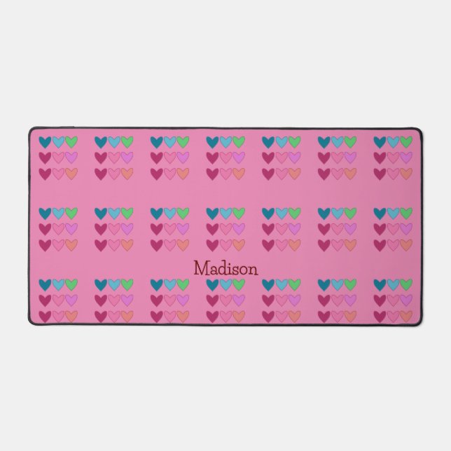 Sweet Pink With Hearts Colourful Girls Desk Mat (Front)