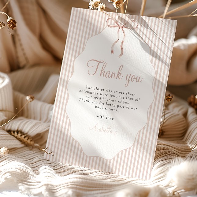 Sweet Pinstriped Beige Bow Baby Shower Thank You Card (Creator Uploaded)