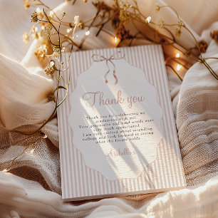 Sweet Pinstriped Beige Bow Graduation Thank You Card
