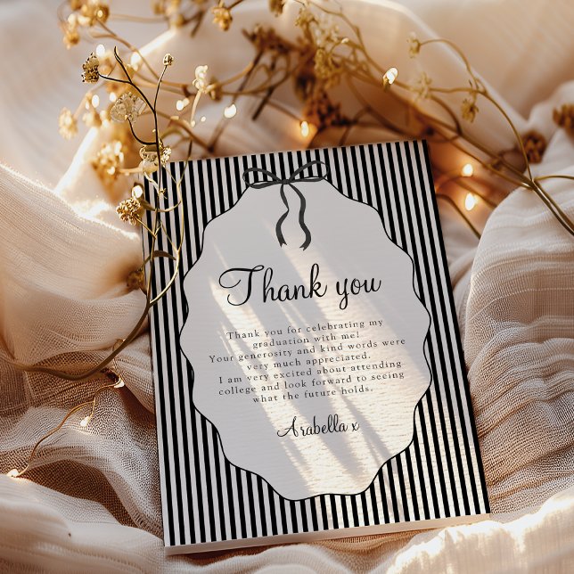 Sweet Pinstriped Black Bow Graduation Thank You Card (Creator Uploaded)